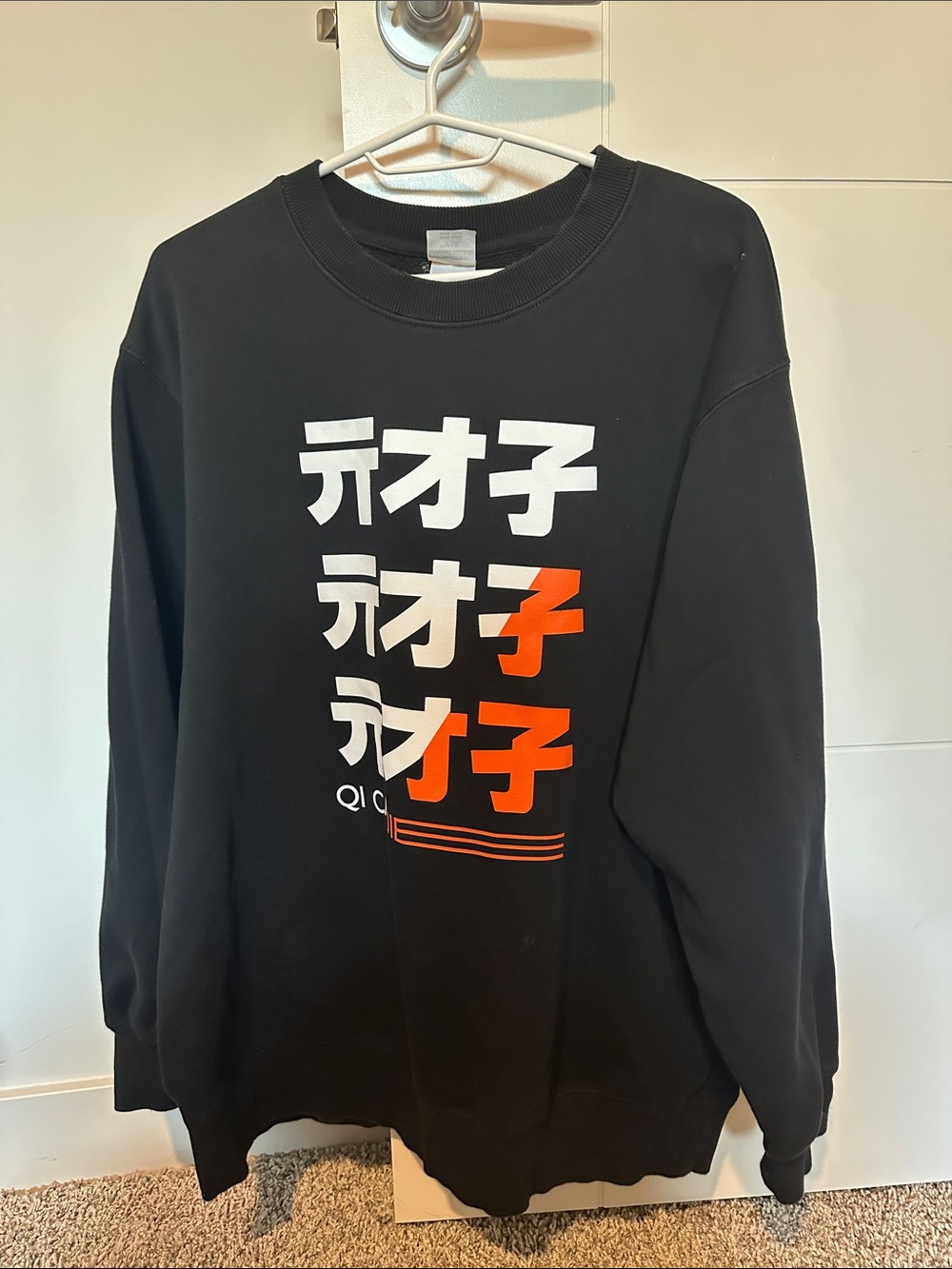 Black Graphic Crewneck Sweatshirt with White & Orange Print